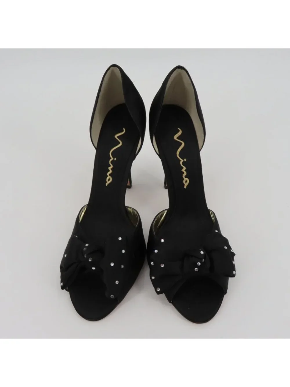 Nina Women 9.5 M Black Satin Fabric Bow Rhinestone Peep Toe Dorsay Heels Shoes